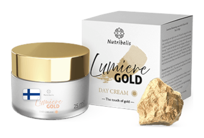 Lumiere Gold – 25 ml:n purkki kultaisella kannella, pakkaus ja kultahippu