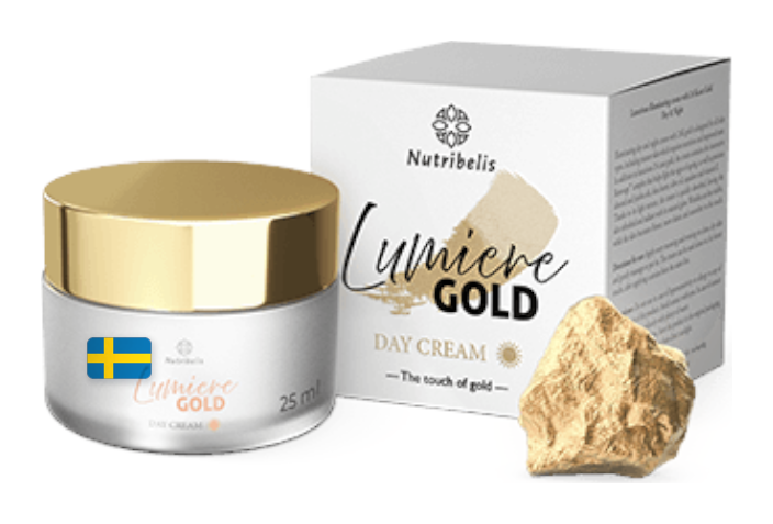 Lumiere Gold – burk 25 ml med guldfärgat lock, förpackning och guldklimp